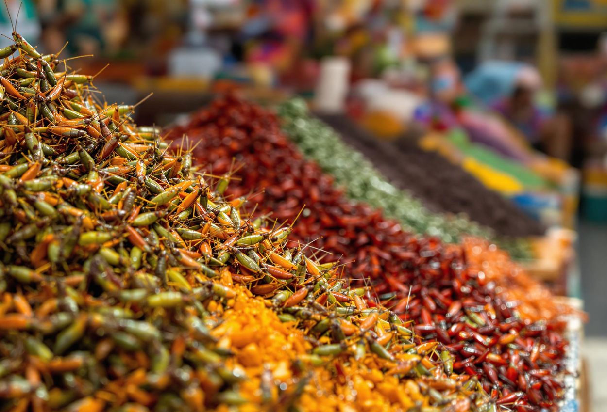 A close-up photograph capturing the vibrant display of chapulines (grasshoppers) at a bustling market in Oaxaca, Mexico, showcasing the unique flavors and traditions of Oaxacan cuisine.