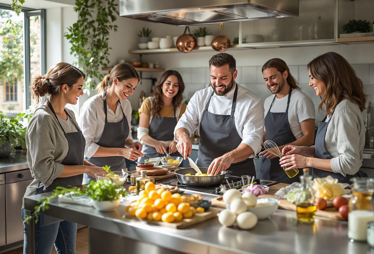 A group of people joyfully participate in a Basque cooking class in San Sebastian, learning to prepare a traditional Spanish potato omelette under the guidance of a chef instructor. The image captures the fun and educational atmosphere in a bright, modern kitchen.