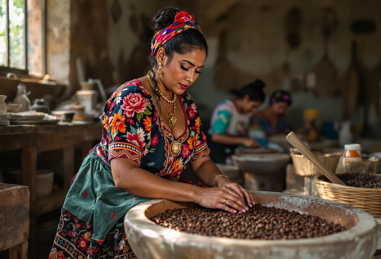 A photograph capturing a woman in Oaxaca, Mexico, hand-grinding cacao beans on a metate, showcasing the rich tradition and artistry of Oaxacan chocolate-making.