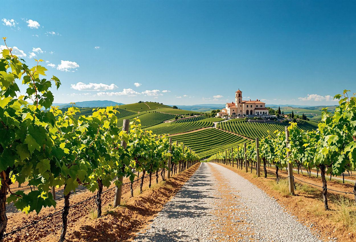 A scenic view of the Rioja wine region in Spain, featuring rolling hills covered in vineyards and a traditional winery in the distance under a golden sunlight.