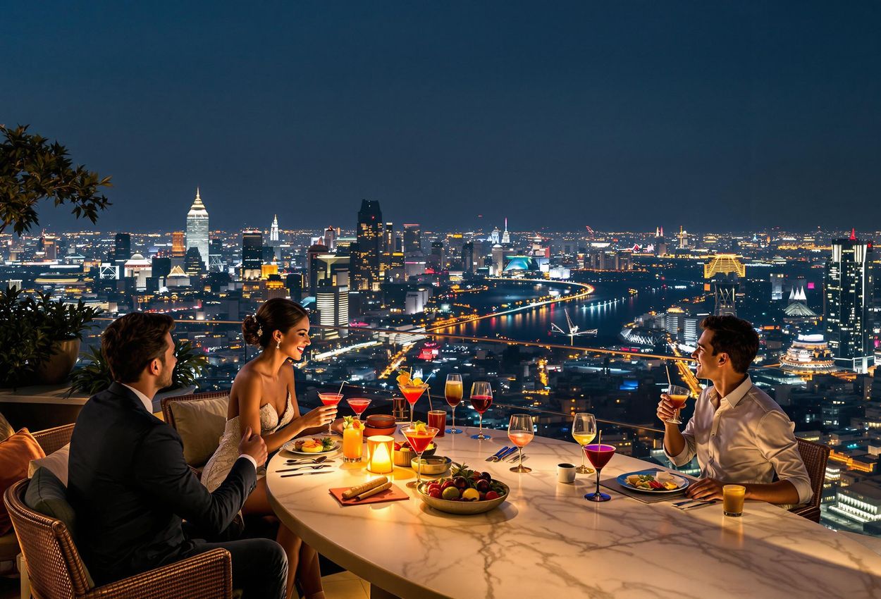 A stunning panoramic photograph captures the vibrant Bangkok skyline at night from the luxurious Vertigo TOO rooftop bar at Banyan Tree Bangkok. Patrons enjoy cocktails amidst the dazzling cityscape.