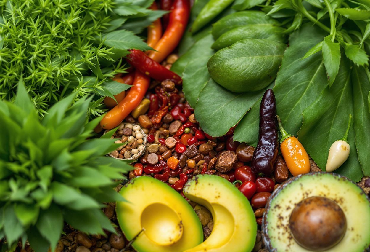 A detailed macro photograph showcasing the essential indigenous ingredients of Oaxacan cuisine, including epazote, hoja santa, avocado leaves, and various chiles, highlighting their unique textures and colors.