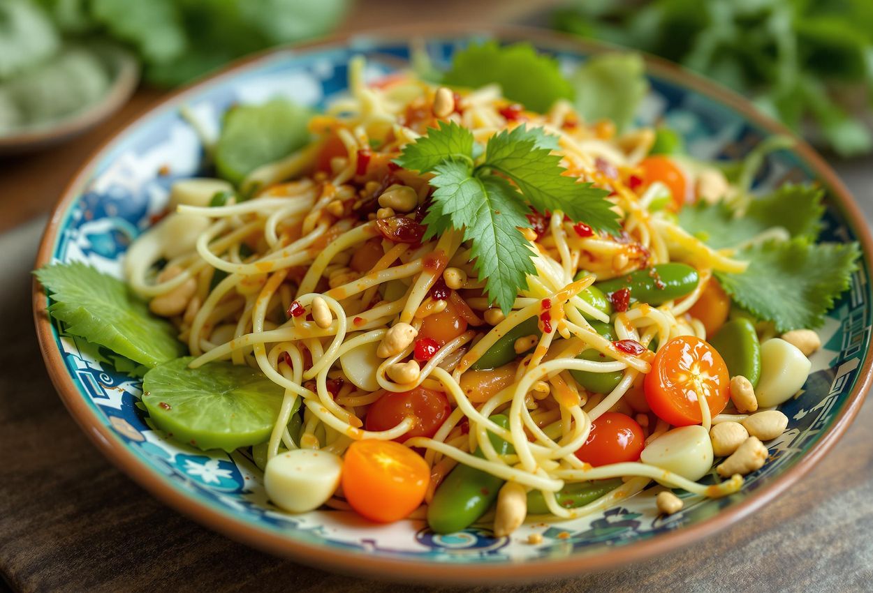 A detailed close-up photo of Isan-style Som Tum (green papaya salad) showcasing the vibrant colors and textures of this signature Thai dish.