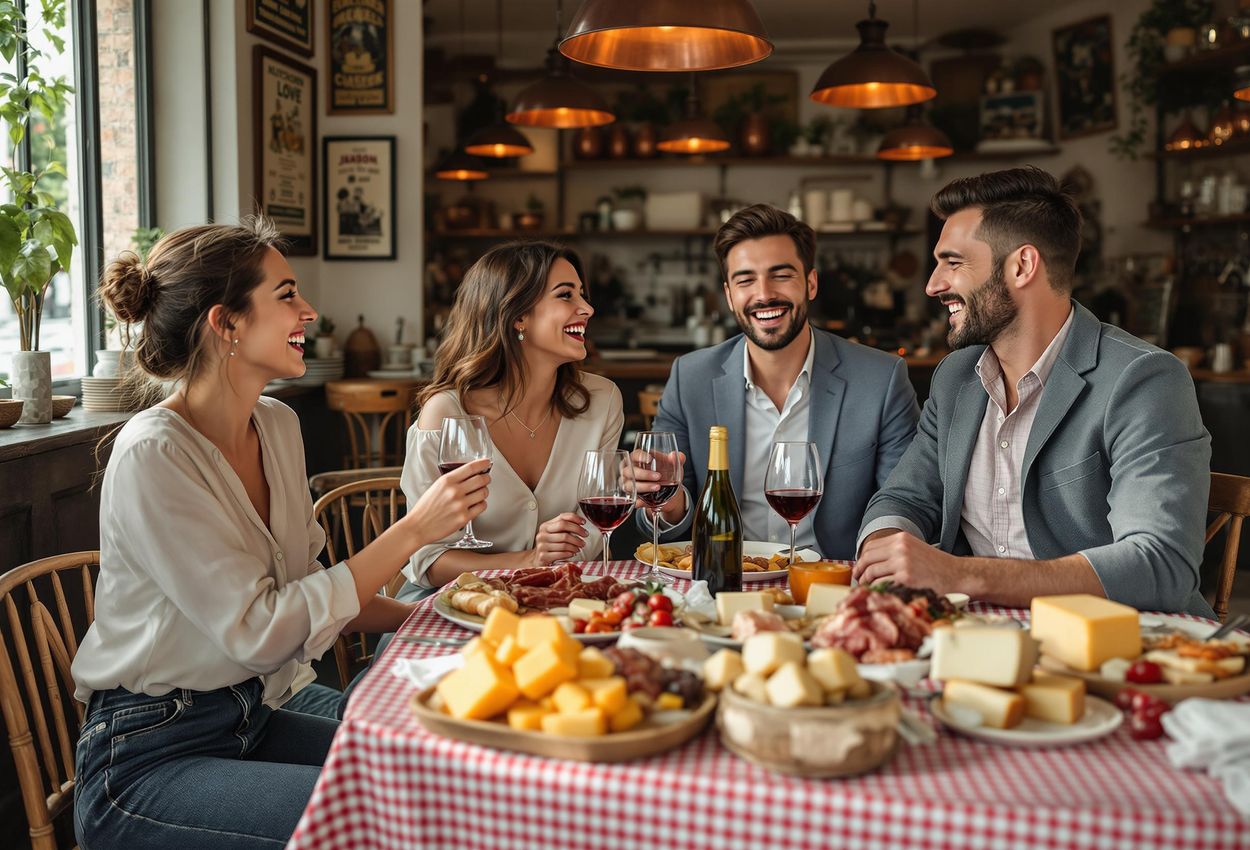 A group of friends shares a convivial *mâchon* in a charming Lyonnaise *bouchon*, savoring local *charcuterie*, cheese, and Beaujolais wine in a warm and inviting atmosphere.