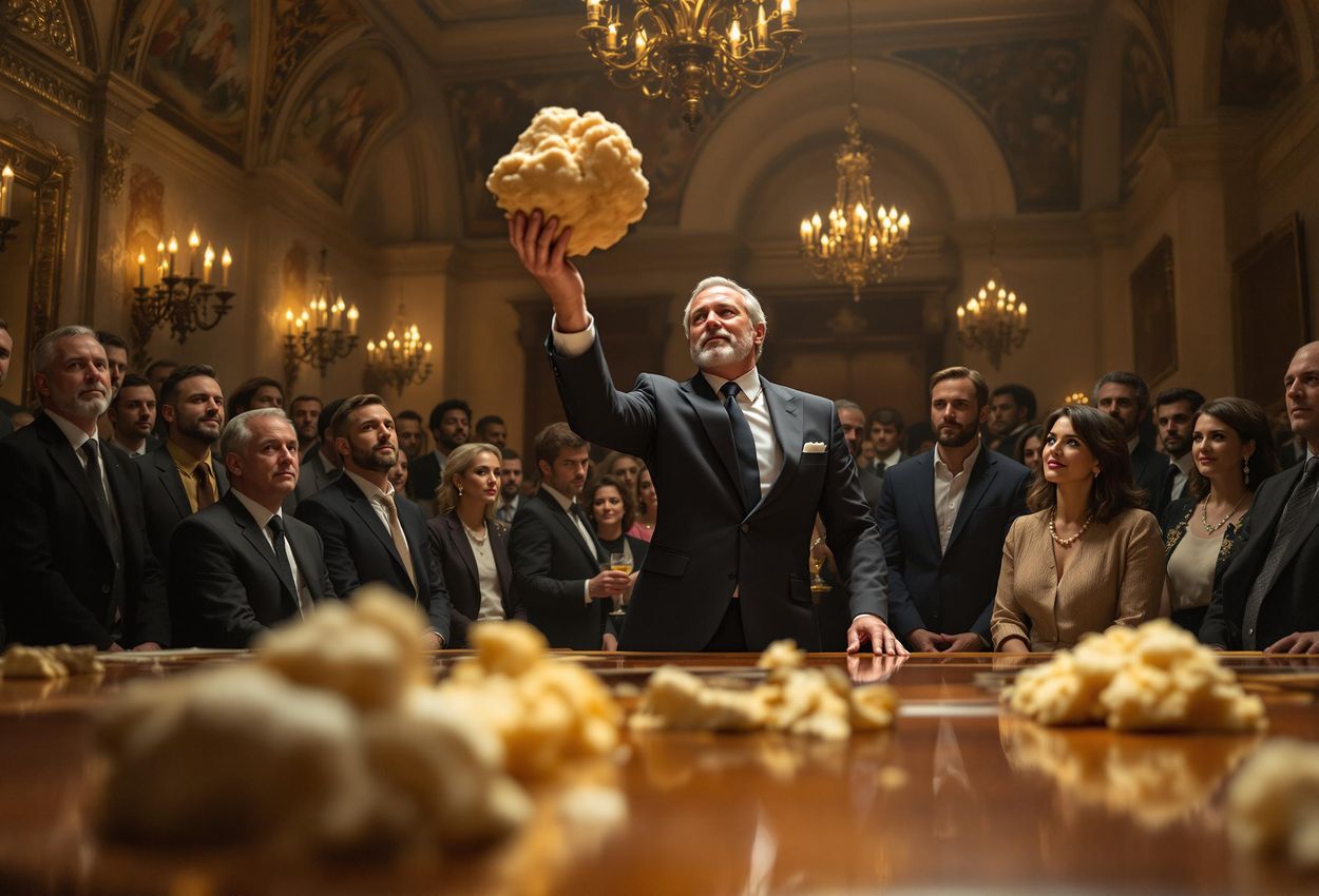 A photograph capturing the intensity of the Alba White Truffle Auction inside Castello di Grinzane Cavour, featuring a large white truffle being presented to eager bidders.