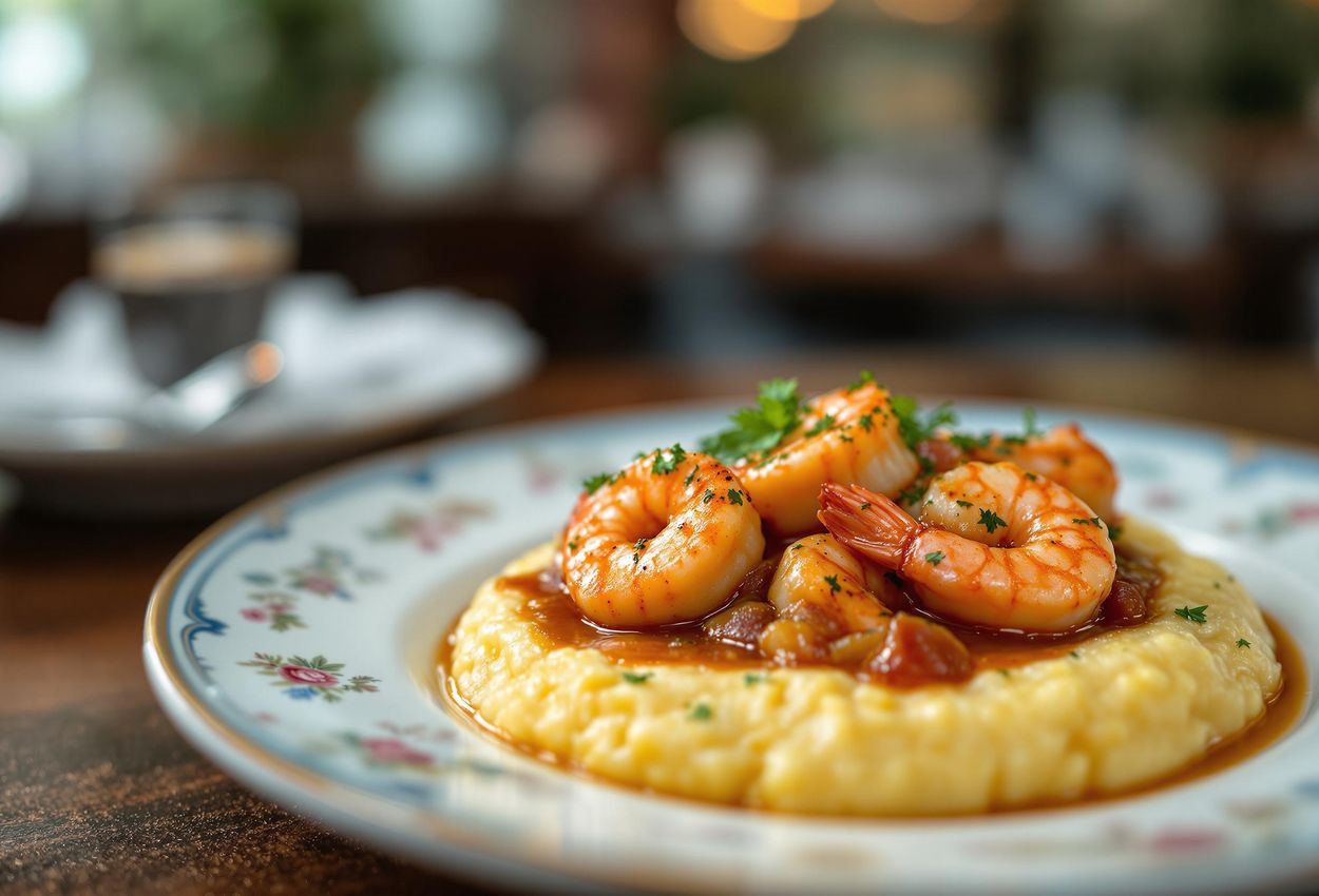 A detailed photograph showcasing a beautifully plated dish of shrimp and grits at Poogan