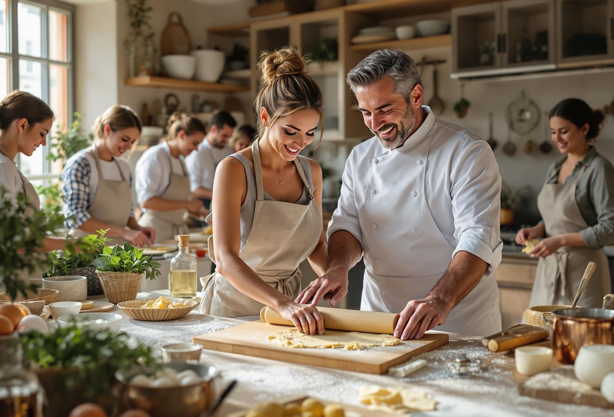 A group of people learns to make fresh pasta in a bright, rustic kitchen in Florence, Italy. A woman carefully rolls out dough with a chef demonstrating the technique.