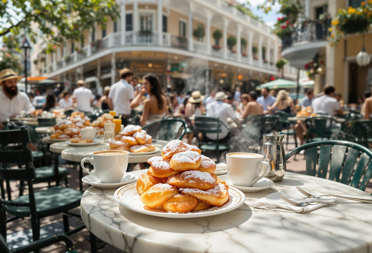 A photograph capturing the vibrant atmosphere of Cafe du Monde in New Orleans