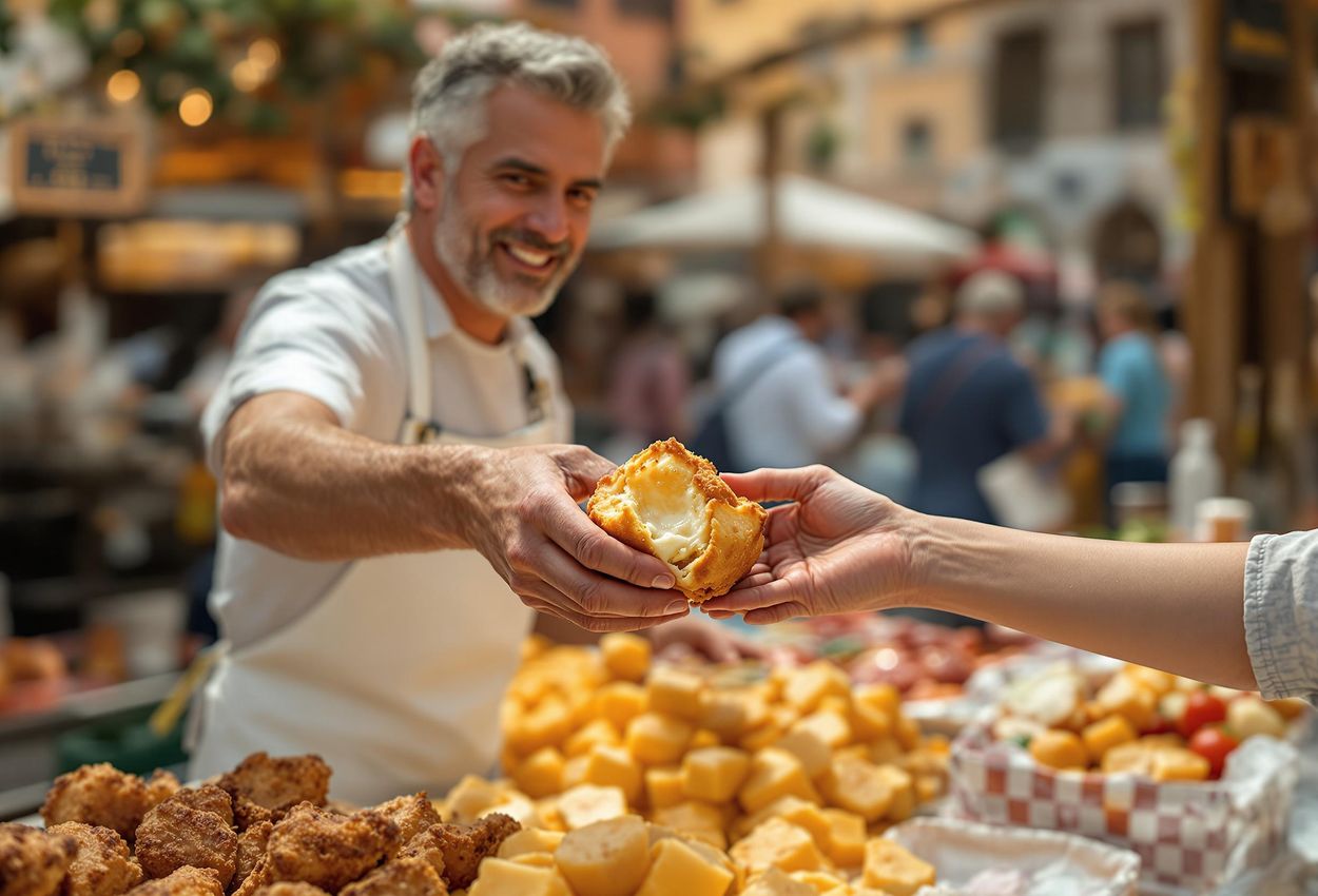 A close-up photograph capturing a vendor handing a crispy supplì to a customer at the bustling Testaccio Market in Rome, Italy. The image highlights the details of the supplì and the market