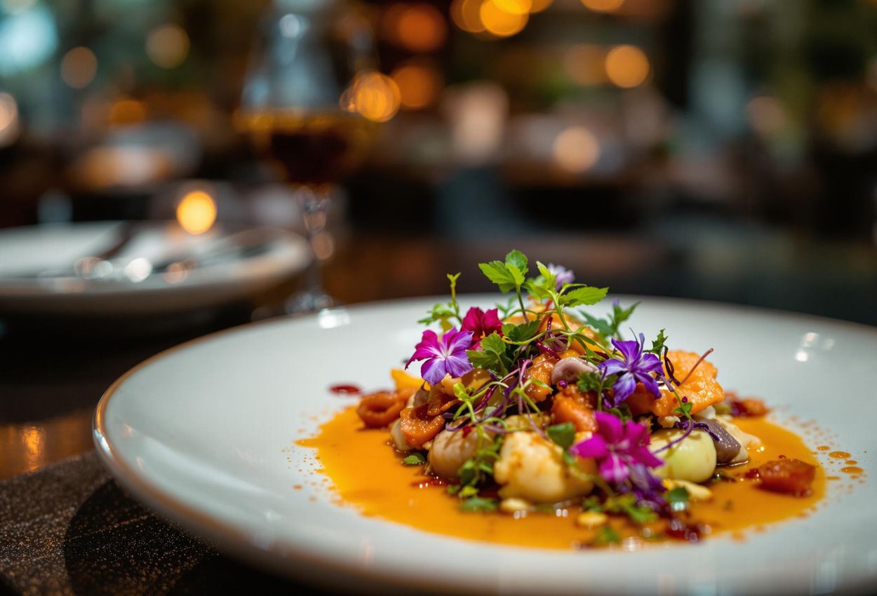 A captivating photograph showcasing a beautifully plated dish in a high-end restaurant. The image features vibrant colors, intricate details, and a shallow depth of field, evoking a sense of culinary artistry and luxury.