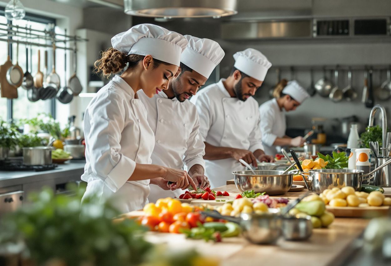 Culinary Students Preparing Food in Modern Kitchen A close-up photograph of culinary students at the Auguste Escoffier School of Culinary Arts collaborating in a bright, modern kitchen, preparing a dish with fresh, seasonal ingredients.