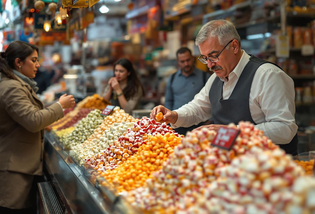 A close-up photograph capturing a vendor arranging colorful Turkish delight at the Spice Bazaar in Istanbul, showcasing the market