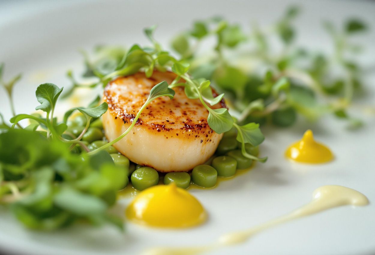 A close-up photograph of a meticulously plated seafood dish at Le Bernardin in New York City, showcasing the visual appeal of fine dining with fresh seafood, vibrant greens, and strategically placed sauces.