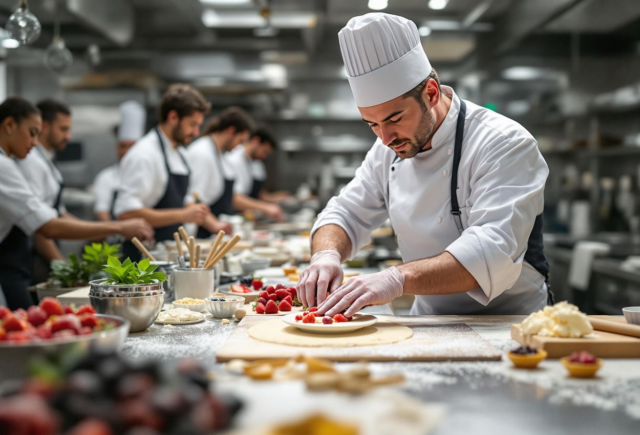 Action Shot of Pastry Class at École Ducasse, Paris A detailed photograph capturing a dynamic pastry class at École Ducasse in Paris, showcasing students learning from a master chef.