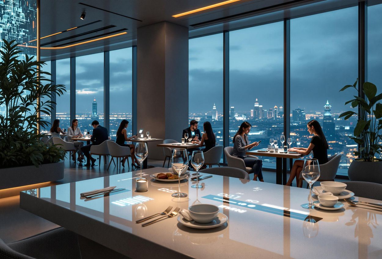 A photograph showcasing a futuristic restaurant interior with personalized digital menus and interactive ordering systems, highlighting the potential of AI to enhance the dining experience.