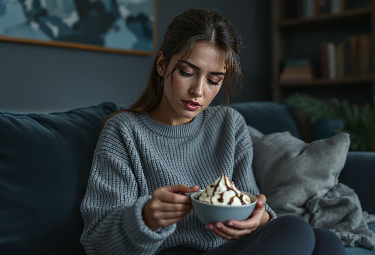 A photograph of a woman sitting on a couch, looking stressed and overwhelmed, as she reaches for a bowl of ice cream in a dimly lit room.