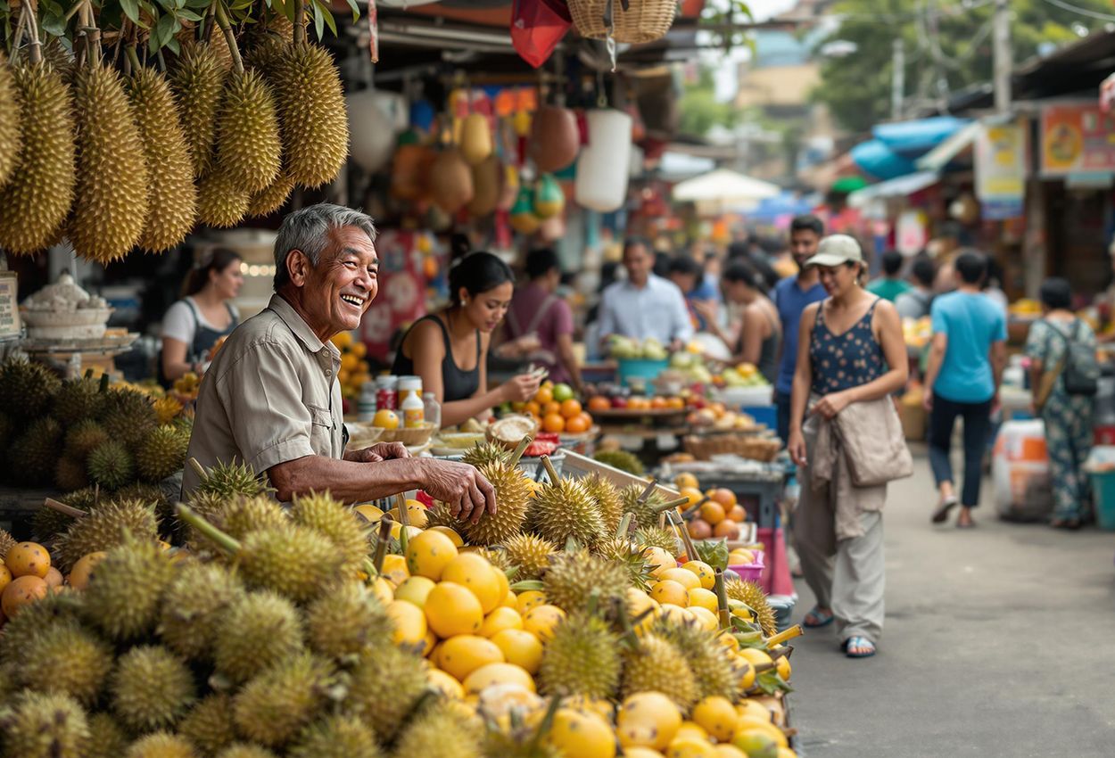 A detailed photograph capturing a bustling durian market in Southeast Asia, showcasing the unique textures of the fruit and the vibrant atmosphere of local culture.
