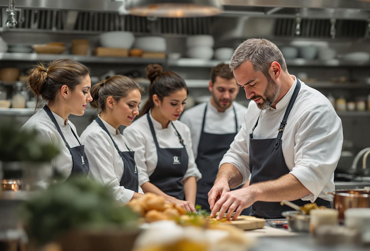 Culinary Mentorship at Institut Paul Bocuse, Lyon A candid photograph captures Chef Florian Pansin and Davy Tissot mentoring students in the state-of-the-art kitchen at Institut Paul Bocuse in Lyon, France.