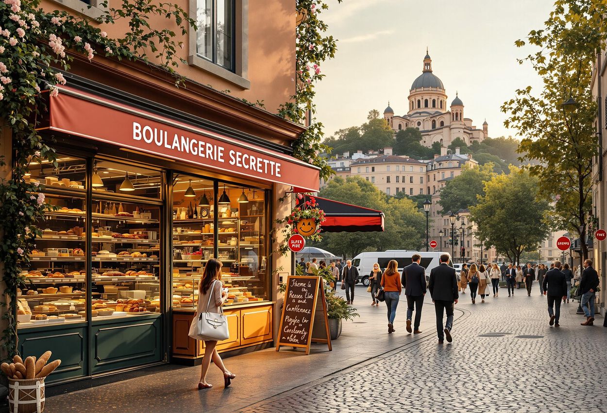 Bustling Lyon Bakery Scene with Fourvière Basilica A photograph capturing a vibrant morning scene at a local bakery in Lyon, France, with the iconic Fourvière Basilica in the background.