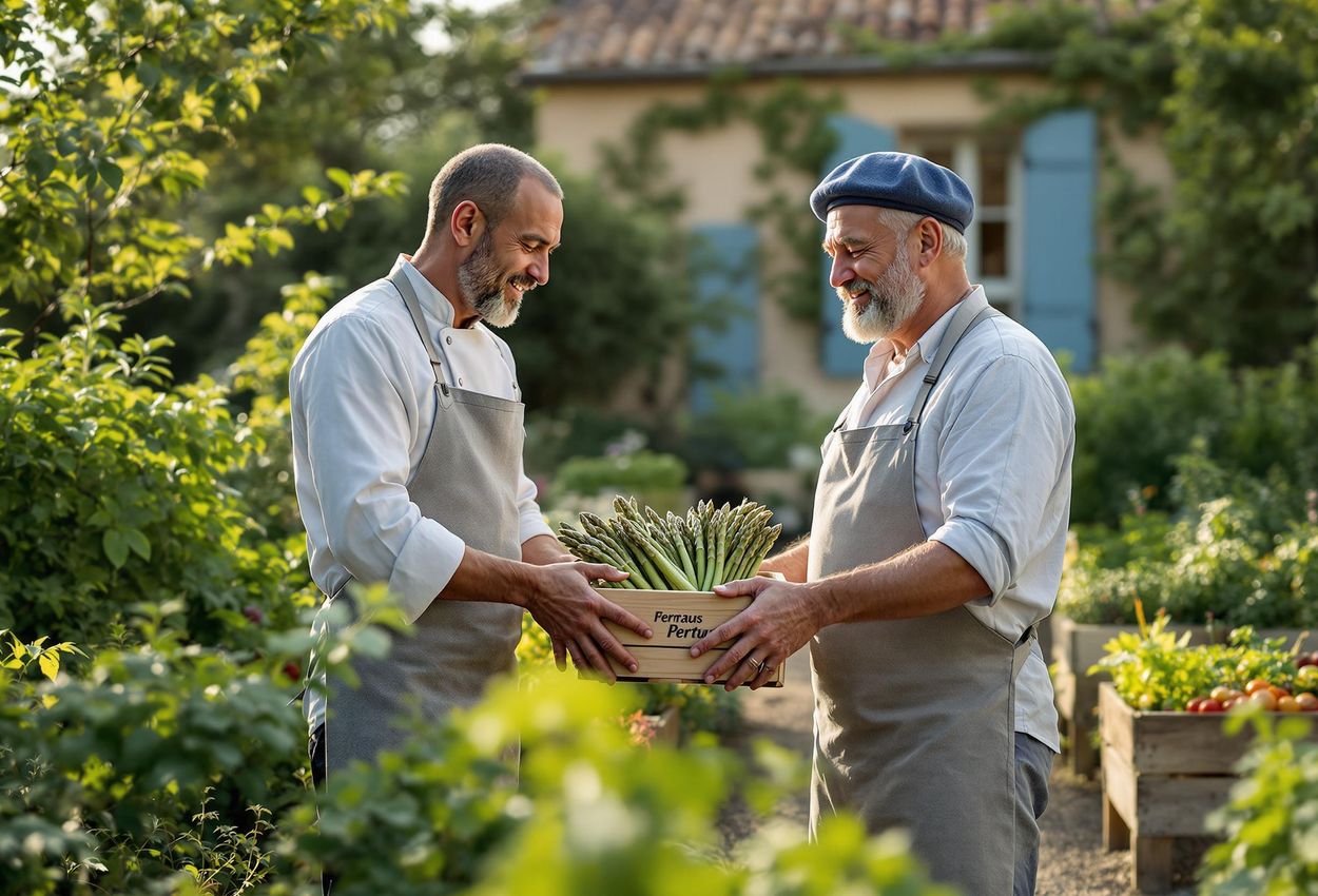A photograph capturing a serene moment in a Provençal kitchen garden at dawn, featuring a chef inspecting freshly delivered local farm produce.