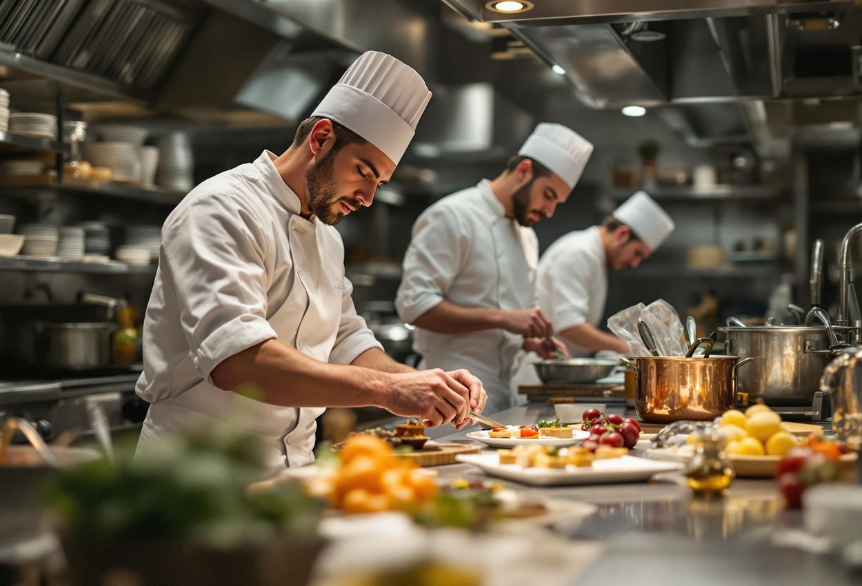 A candid photograph capturing the energy and expertise of a kitchen brigade during dinner preparation, showcasing the teamwork and dedication of chefs in a high-end restaurant.