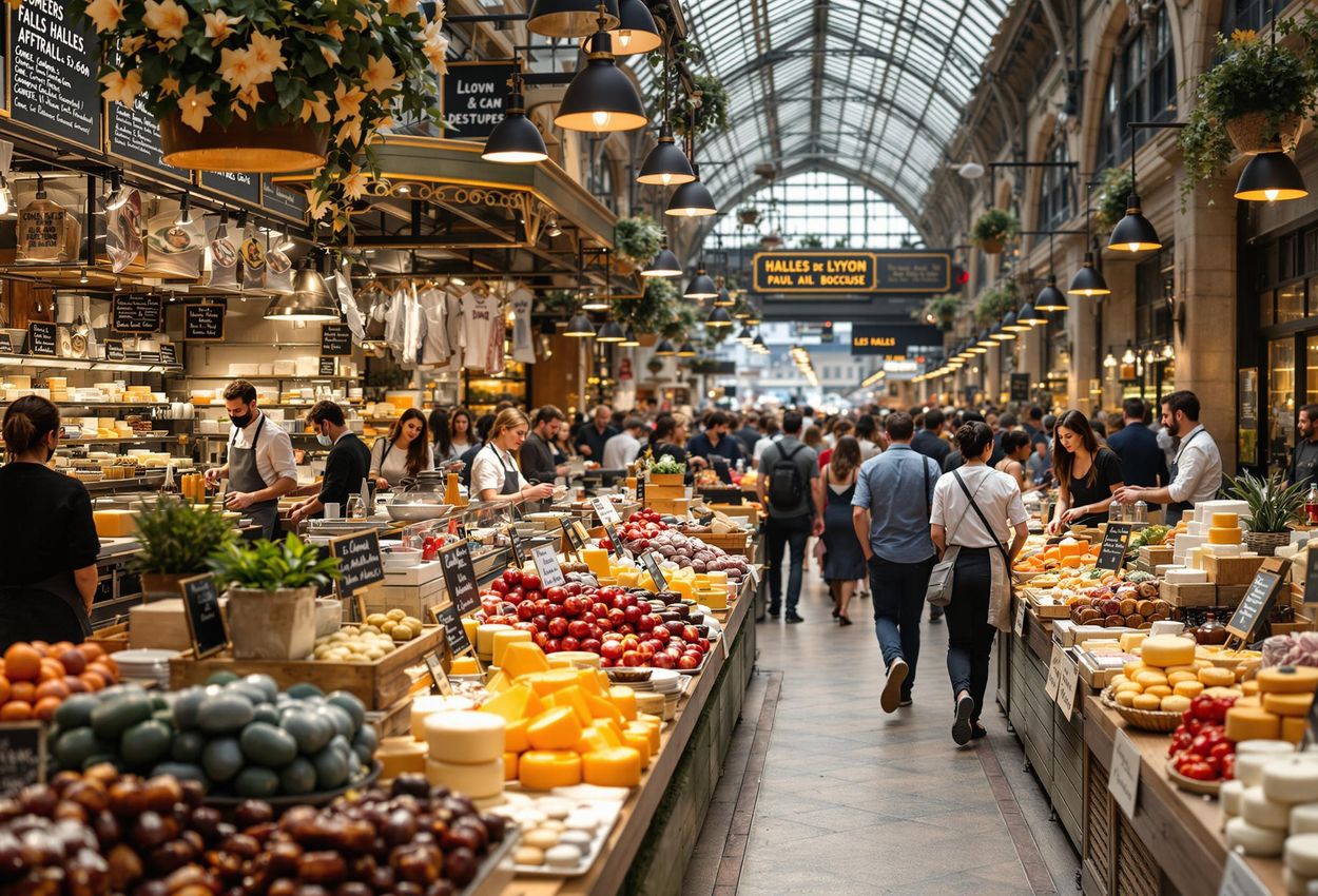 Bustling Market Scene at Les Halles de Lyon Paul Bocuse A vibrant photograph capturing the lively atmosphere inside Les Halles de Lyon Paul Bocuse, showcasing colorful displays of cheese, charcuterie, and pastries, with vendors and customers interacting in a bustling social scene.