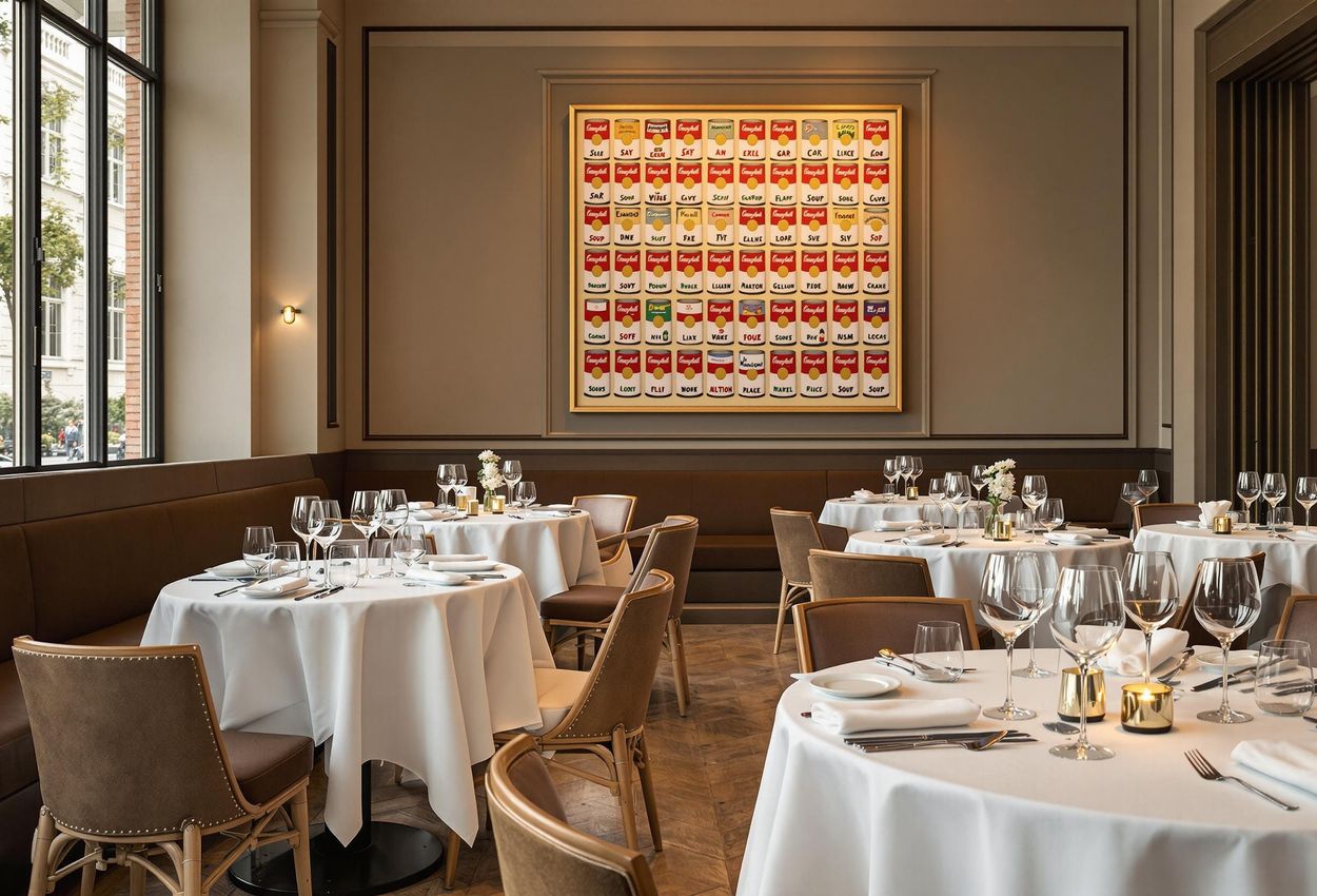 A photograph showcasing the elegant interior of Osteria Francescana in Modena, Italy, featuring Andy Warhol