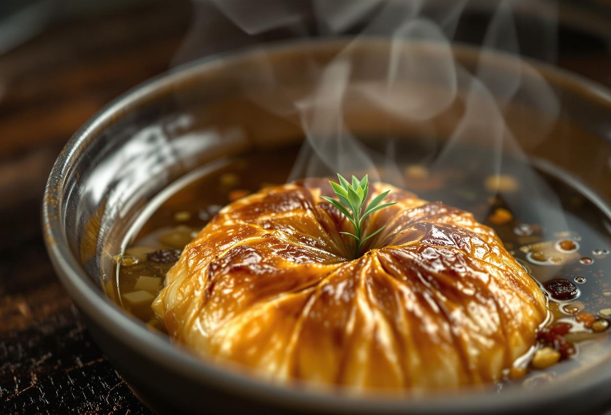A detailed close-up photograph of the iconic Soupe V.G.E., showcasing its rich colors, textures, and the artistry of French cuisine. Captures the steam, flaky pastry, and delicate garnishes.