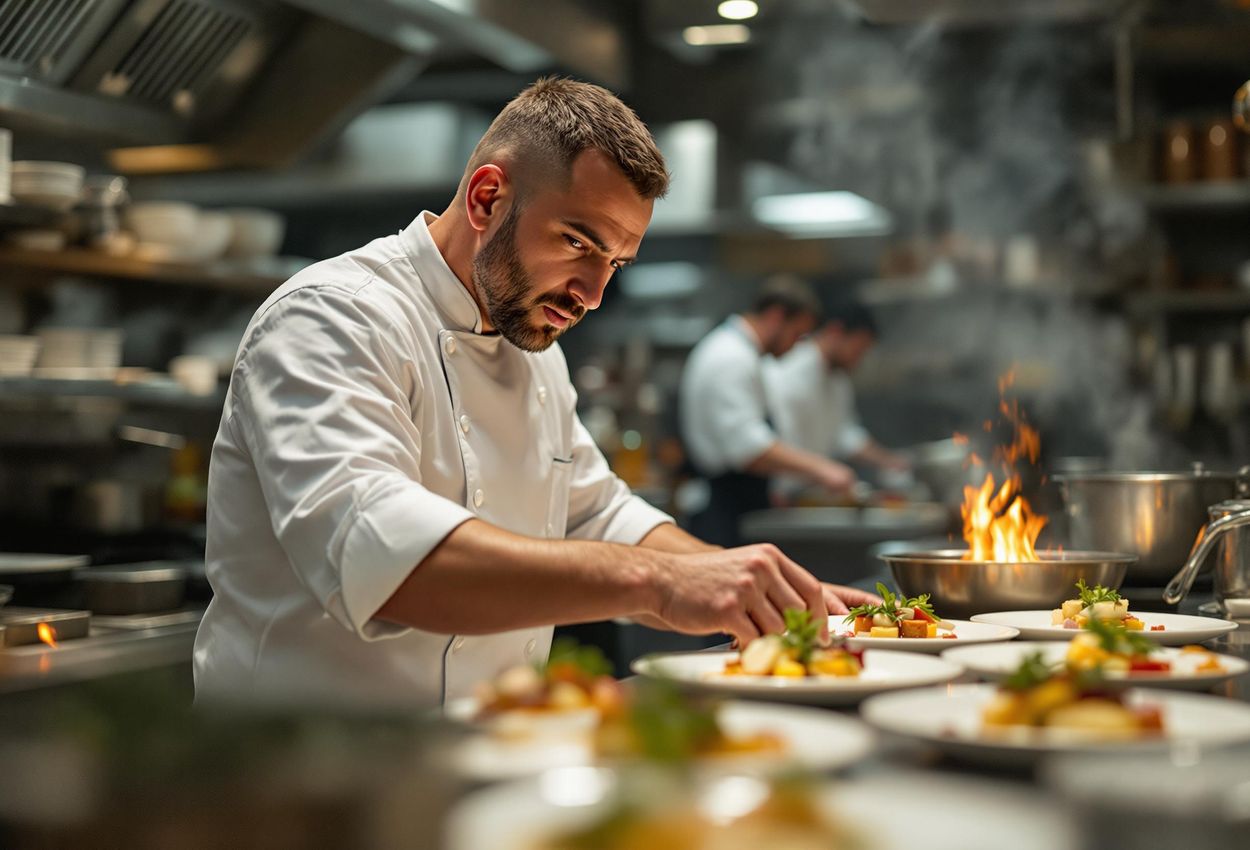 A street-style photograph capturing the intense focus of expeditor Jean-Luc during a busy dinner service on May 1st, 2025. The image showcases the controlled chaos and precision of a high-end restaurant kitchen.