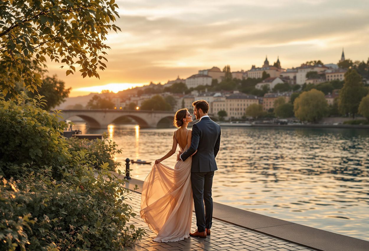 Romantic Sunset at Rhône River with Restaurant Paul Bocuse, Lyon A scenic photograph captures a couple enjoying a romantic moment by the Rhône River in Lyon, France, with Restaurant Paul Bocuse elegantly framed in the background during a golden sunset.