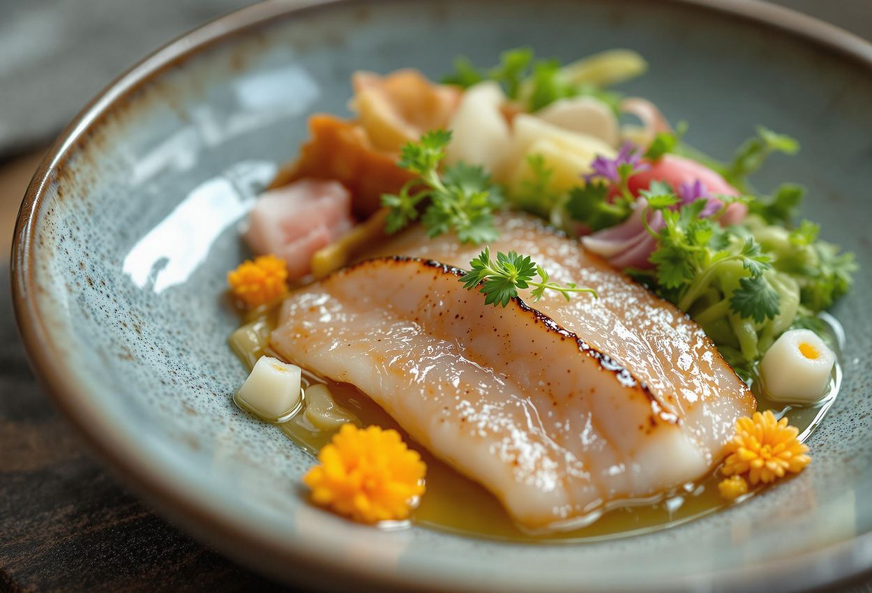 Exquisite Kaiseki Cuisine at Miyamaso, Kyoto - A Culinary Masterpiece A close-up photograph of a meticulously arranged Kaiseki dish at Miyamaso in Kyoto, Japan. The image captures the intricate details of seasonal ingredients, showcasing the artistry and elegance of Japanese culinary traditions.