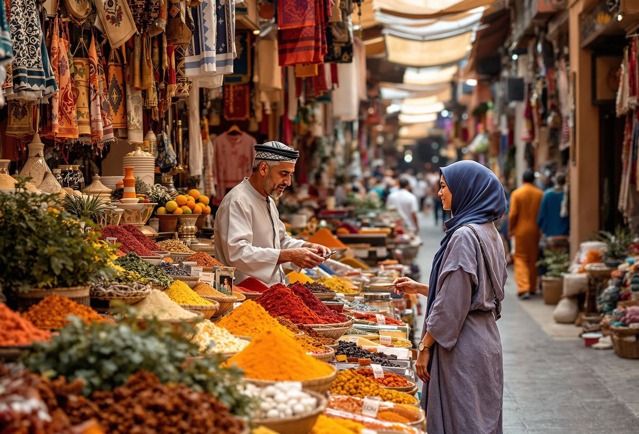 Vibrant Spice Souk in Marrakech, Morocco - A Traveler A captivating photograph capturing the bustling atmosphere of a spice souk in Marrakech, Morocco, filled with colorful spices, textiles, and local merchants.