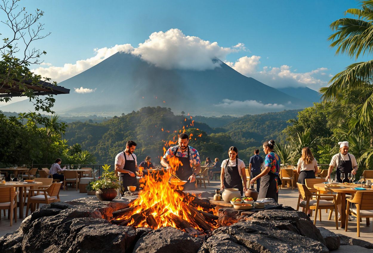 Kinnik Restaurant: Open Fire Cooking with Volcanic Views in Guatemala A photograph capturing the dramatic beauty of Kinnik restaurant in Guatemala, where traditional Mayan cuisine is prepared over open flames against the backdrop of stunning volcanoes.