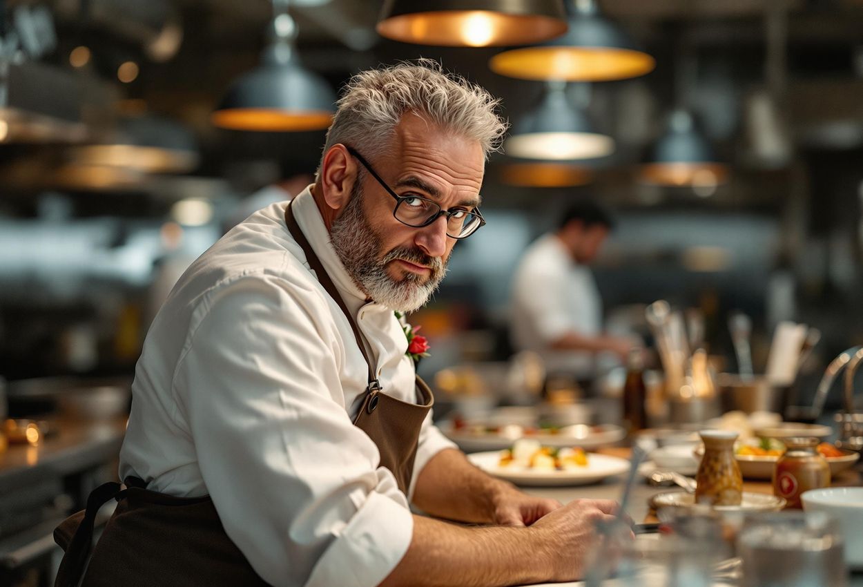 A portrait of chef Massimo Bottura in his Osteria Francescana kitchen, capturing the energy and passion of a busy dinner service.