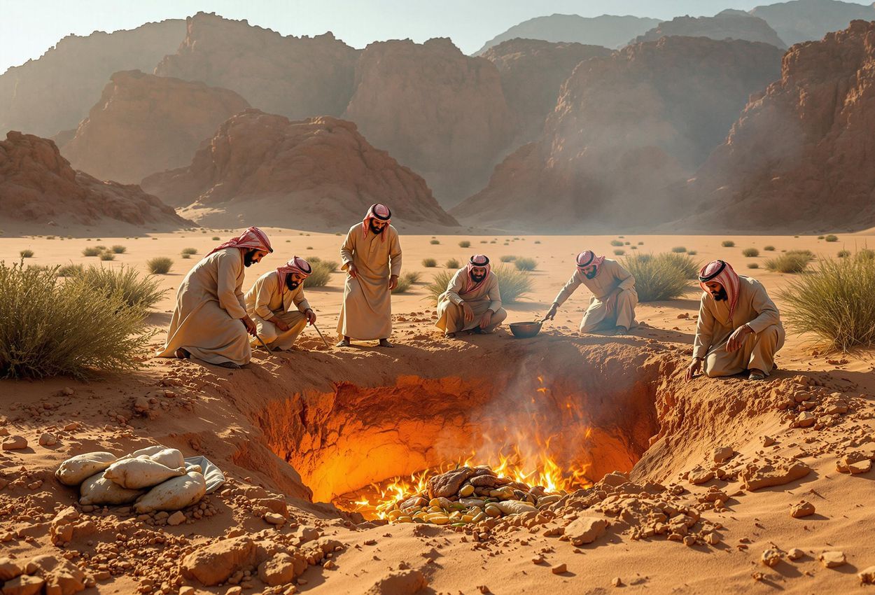Unearthing Ancient Traditions: Zarb in Wadi Rum, Jordan A captivating photograph capturing the unearthing of a traditional Bedouin Zarb in the stunning desert landscape of Wadi Rum, Jordan. Experience the rich culture and culinary heritage of the Middle East.