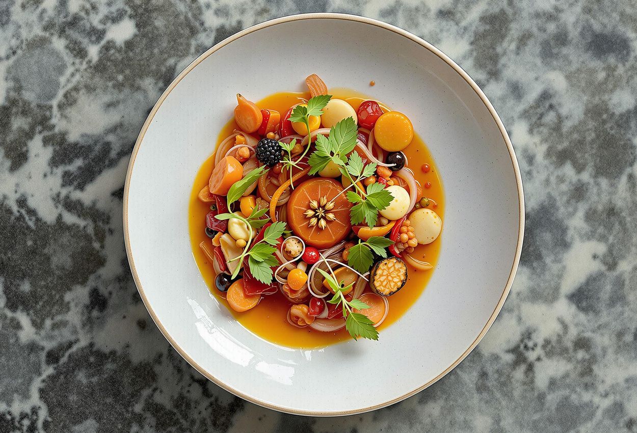 A top-down view of an exquisite dish from Massimo Bottura