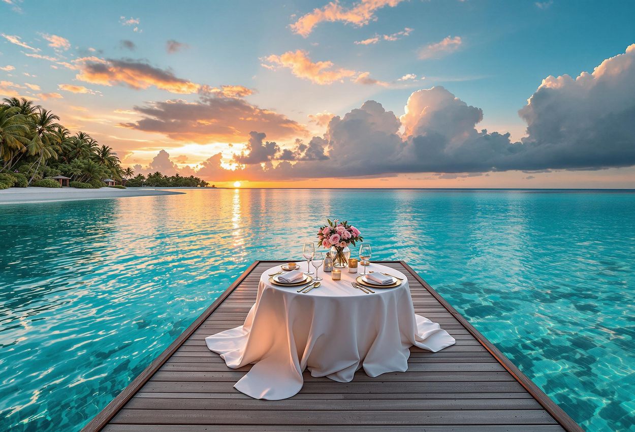 Romantic Floating Dinner at Sunset in Fiji A serene photograph capturing a romantic floating dinner on a private dock in Fiji at sunset. The crystal-clear waters and vibrant sky create an unforgettable luxury experience.