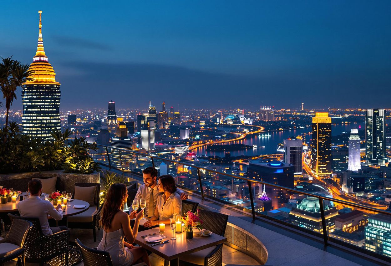 Rooftop Dining at Sirocco, Lebua Hotel, Bangkok A stunning photograph captures the vibrant nightlife at Sirocco, the rooftop restaurant at Lebua Hotel in Bangkok, offering panoramic city views and a luxurious dining experience.