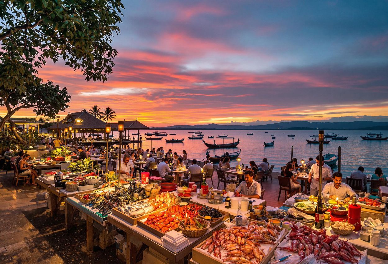 Sunset at Kisik Seafood Market, Ayana Resort, Bali A captivating photograph of the Kisik seafood market at Ayana Resort in Jimbaran Bay, Bali, during a vibrant sunset. Diners select fresh seafood as the sky explodes with color.