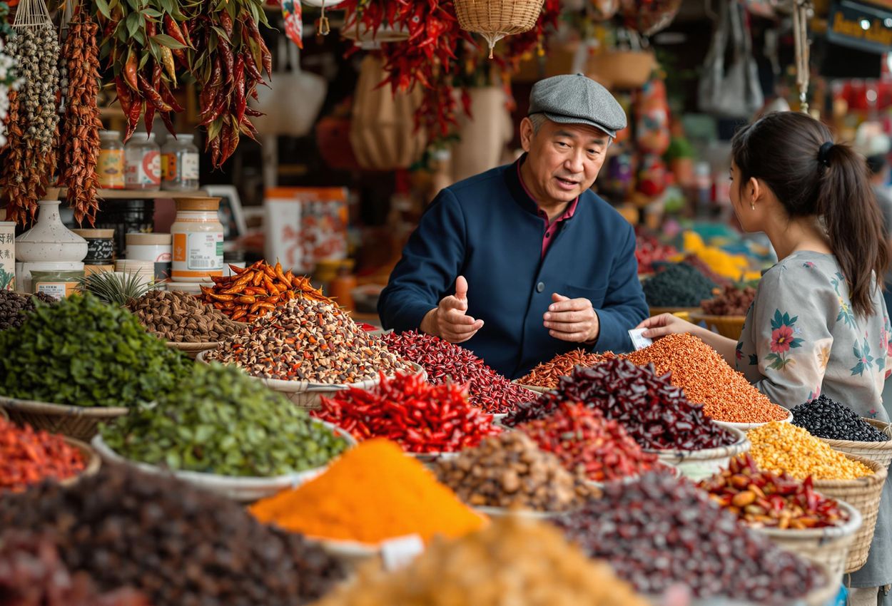 Vibrant Chengdu Spice Market: Aromatic Spring Day A detailed photograph capturing the vibrant colors and textures of a Chengdu spice market, featuring Sichuan peppercorns, chilies, and a local vendor interacting with a customer.