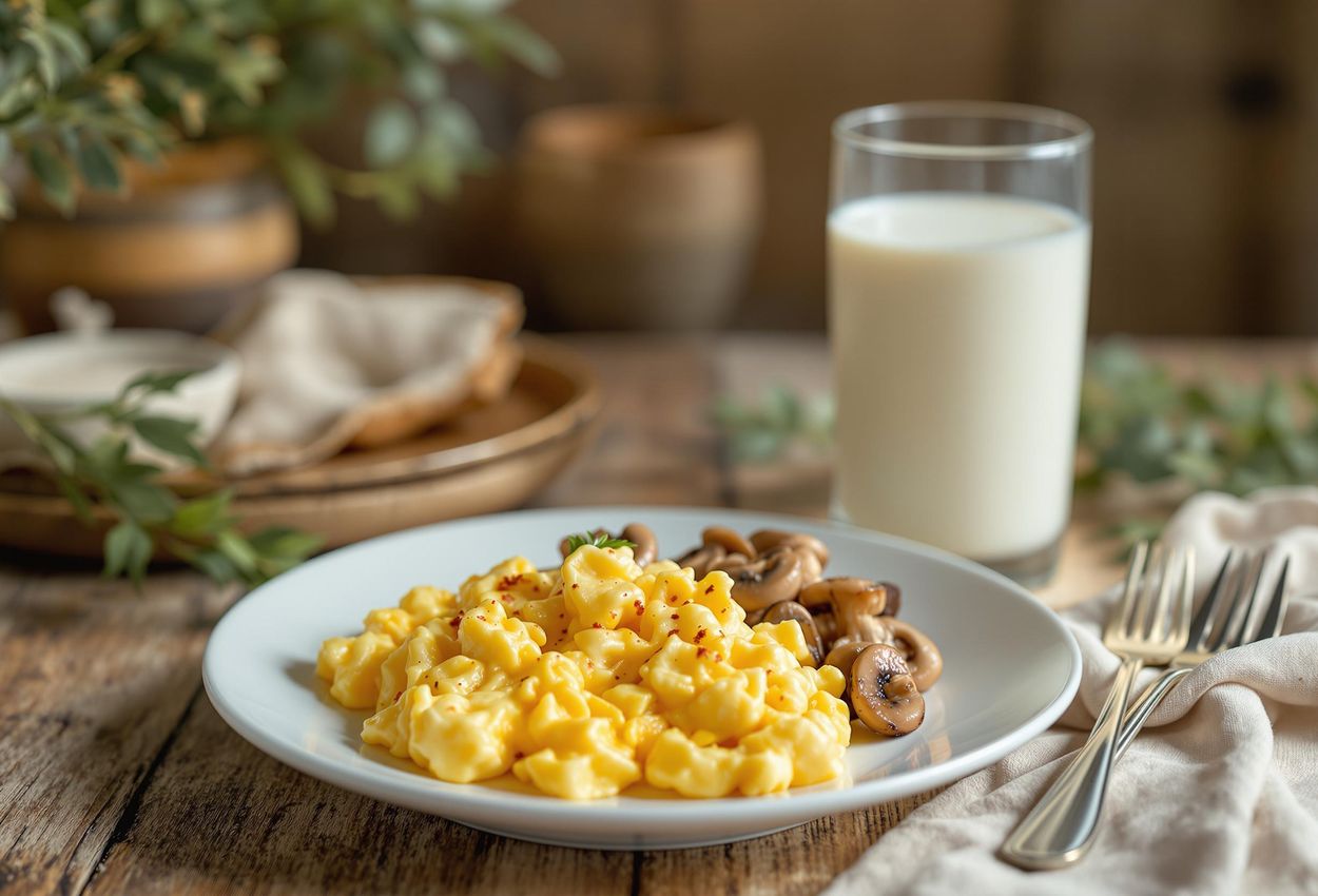A close-up photograph of scrambled eggs, sautéed mushrooms, and a glass of fortified milk on a rustic wooden table, captured on May 1, 2025.