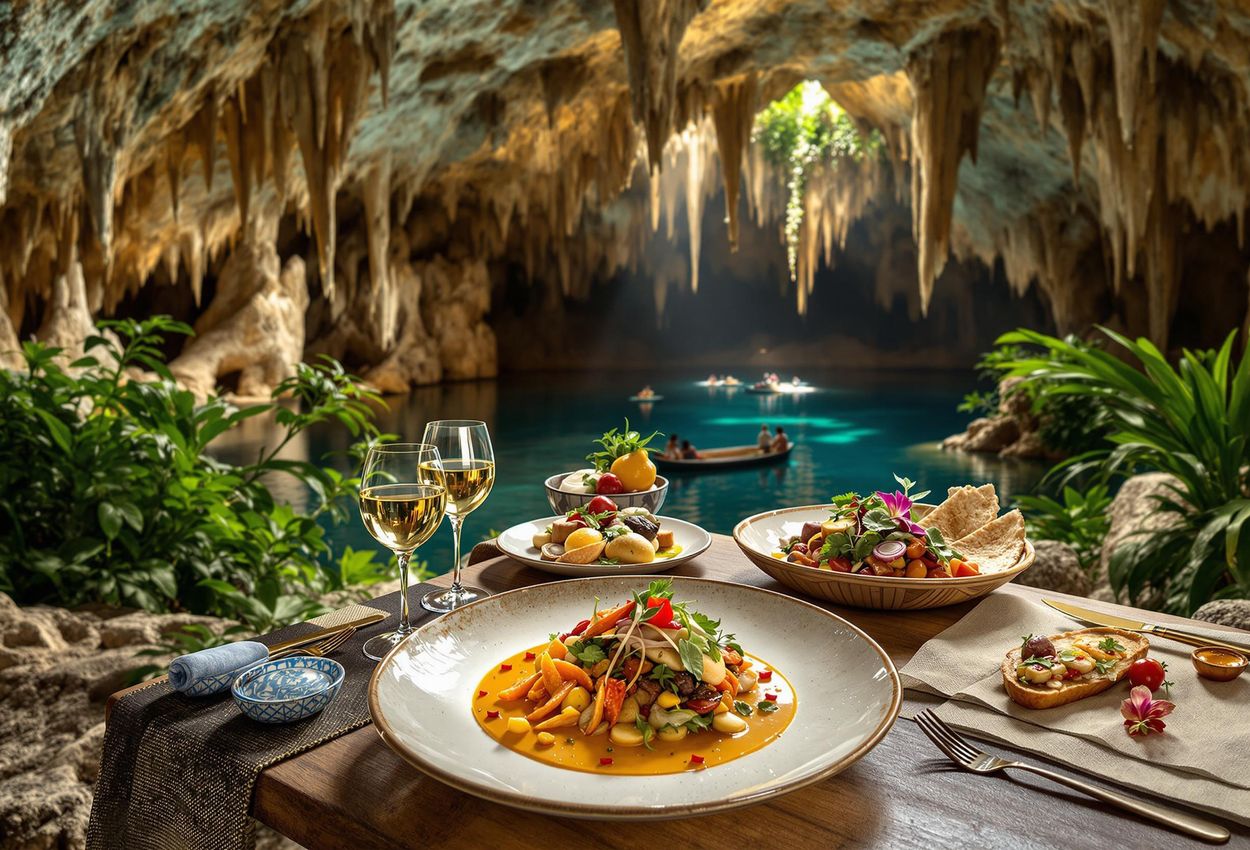 Mayan Cave Vegan Cuisine at Xcaret Resort, Mexico A nature photograph inside a Mayan cave at the Xcaret resort in Mexico, featuring vegan dishes inspired by Mexican-Mayan cuisine amidst unique rock formations.