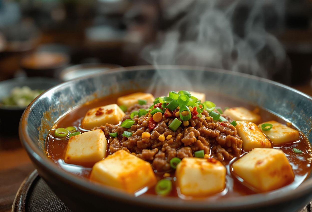 Steaming Mapo Tofu at Chen Mapo Tofu Restaurant, Chengdu A close-up photograph of a steaming bowl of Mapo Tofu at Chen Mapo Tofu restaurant in Chengdu, China. The dish features soft tofu, minced beef, and a rich, reddish-brown sauce, garnished with scallions and Sichuan peppercorns.