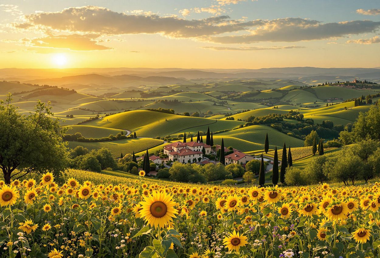 A breathtaking photograph of the Tuscan countryside at sunset, featuring rolling hills, vineyards, olive groves, and a field of sunflowers bathed in warm, golden light.