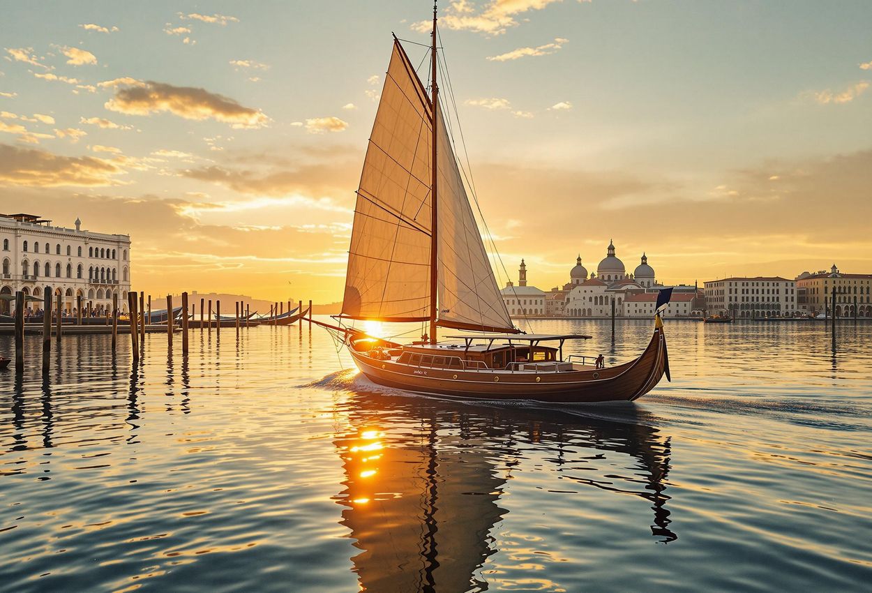 Venetian Lagoon Sunset Sailing Experience, Italy A serene photograph capturing a sunset sailing experience on the Venetian Lagoon, featuring the historic Edipo Re boat with Venice in the background.