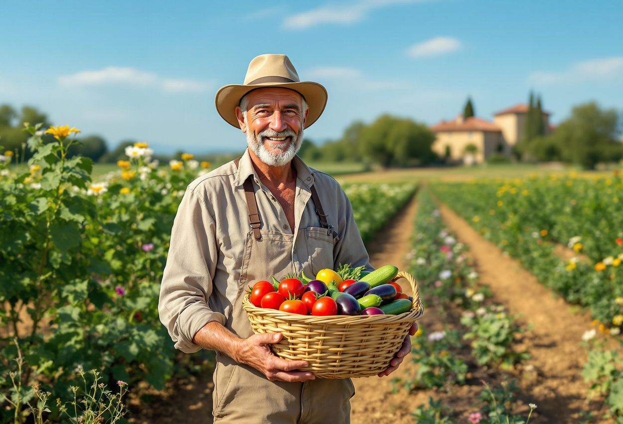 A photograph capturing a candid moment with a Tuscan farmer amidst his organic crops, showcasing the beauty of rural life and sustainable agriculture.