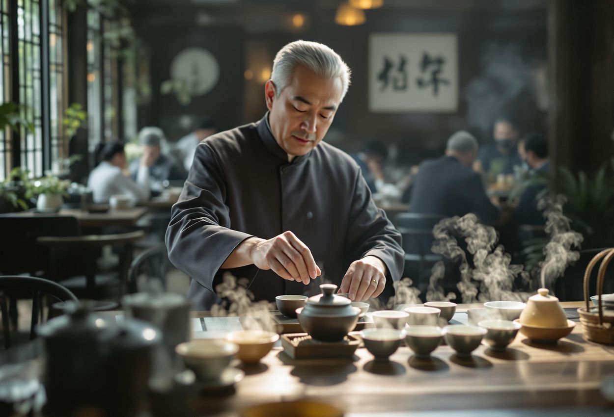 Serene Teahouse Scene in Chengdu, China A photograph capturing the tranquil atmosphere of a traditional teahouse in Chengdu, China, featuring a tea master meticulously preparing tea.