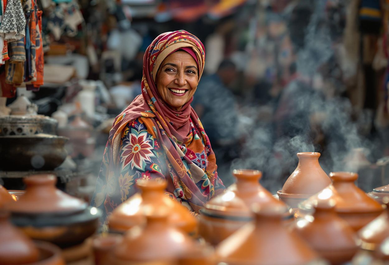 A close-up photograph of a Berber woman tending to her tagine stall in the Marrakech souk. The image captures the warmth, authenticity, and cultural immersion of Moroccan culinary heritage.