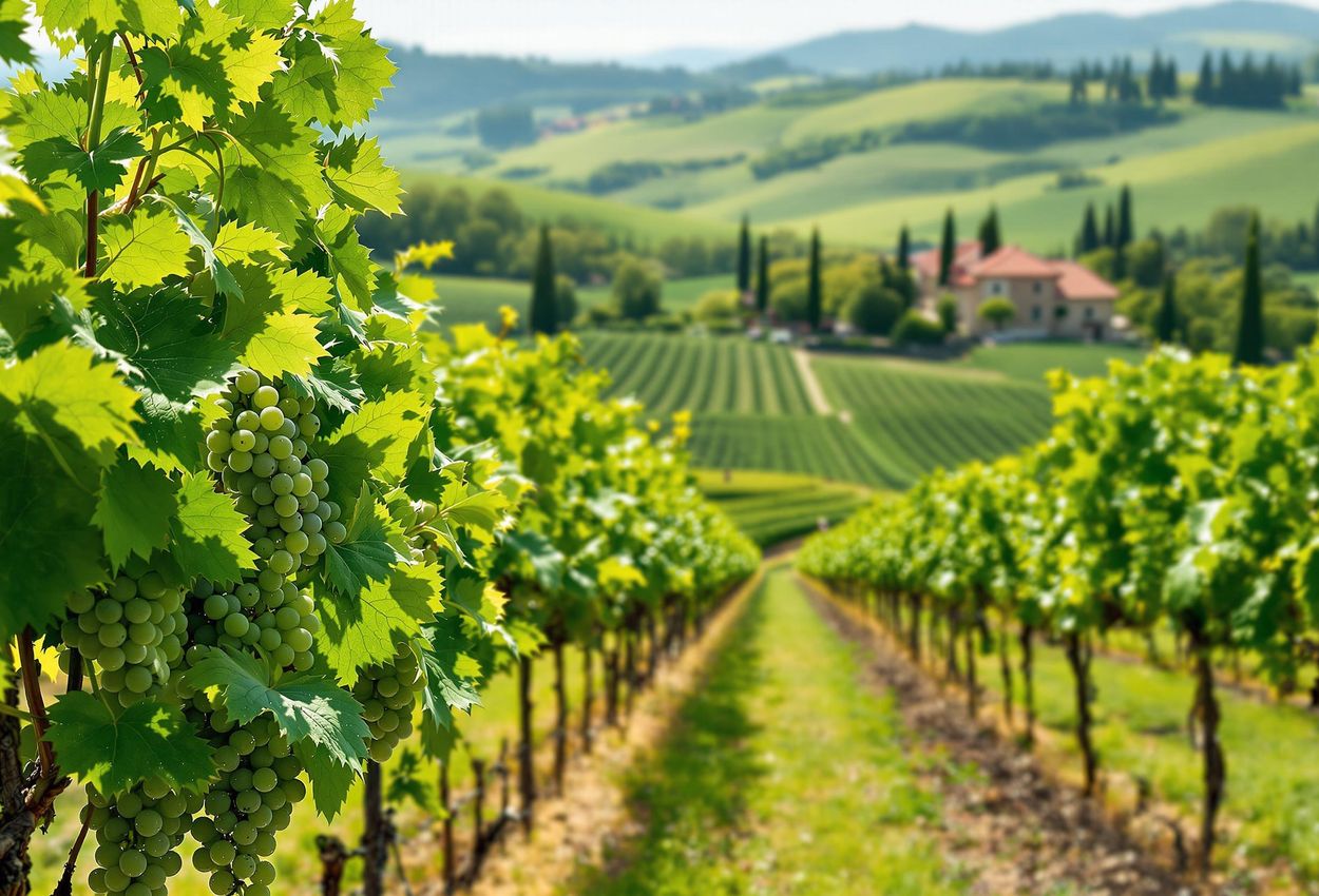 A stunning photograph capturing a Tuscan vineyard in the Chianti Classico region during spring. Rolling hills, lush grapevines, and charming stone farmhouses create a breathtaking landscape.