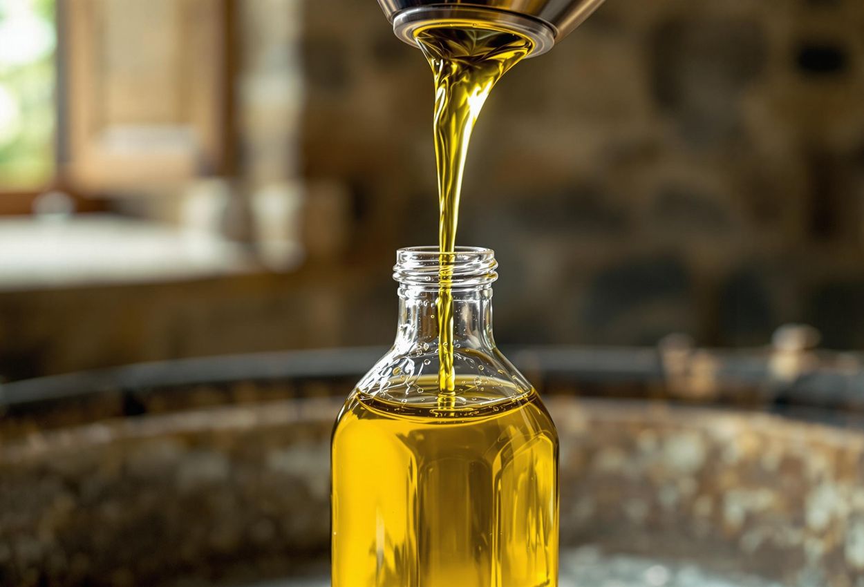 A close-up photograph capturing the moment freshly pressed Tuscan olive oil is poured into a glass bottle inside a traditional olive mill.